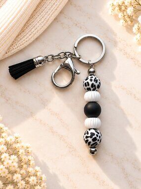 Handmade Black & White Beaded Keychain with Tassel